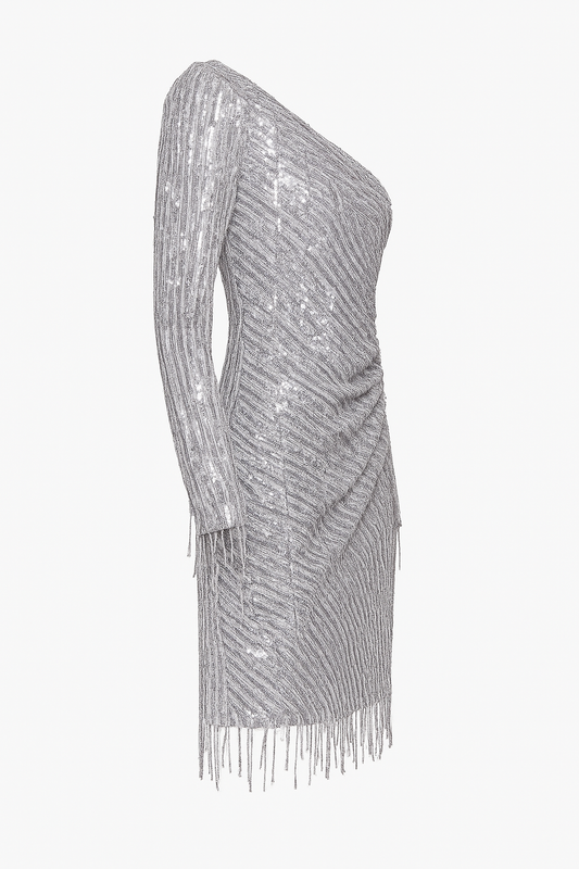 Abito corto in paillettes e frange argento con drappeggio Kaos